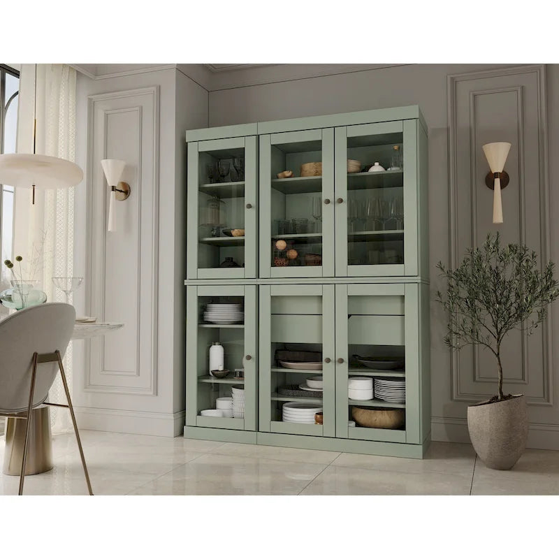 48.5 Inch Wide Solid Wood Pantry Cabinet with Glass Doors 2 Drawers and Adjustable Shelves Stackable