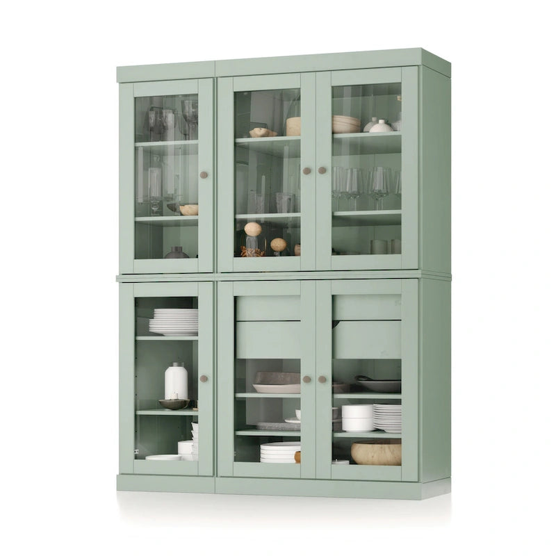 48.5 Inch Wide Solid Wood Pantry Cabinet with Glass Doors 2 Drawers and Adjustable Shelves Stackable