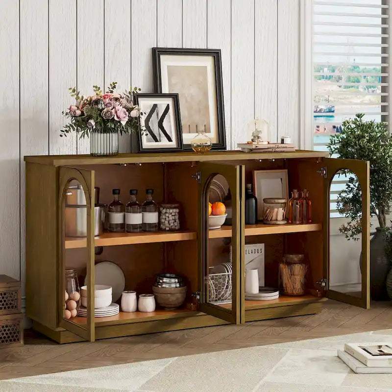 4-Door Large Storage Buffet Cabinet with Arched Glass Doors & Adjustable Shelves