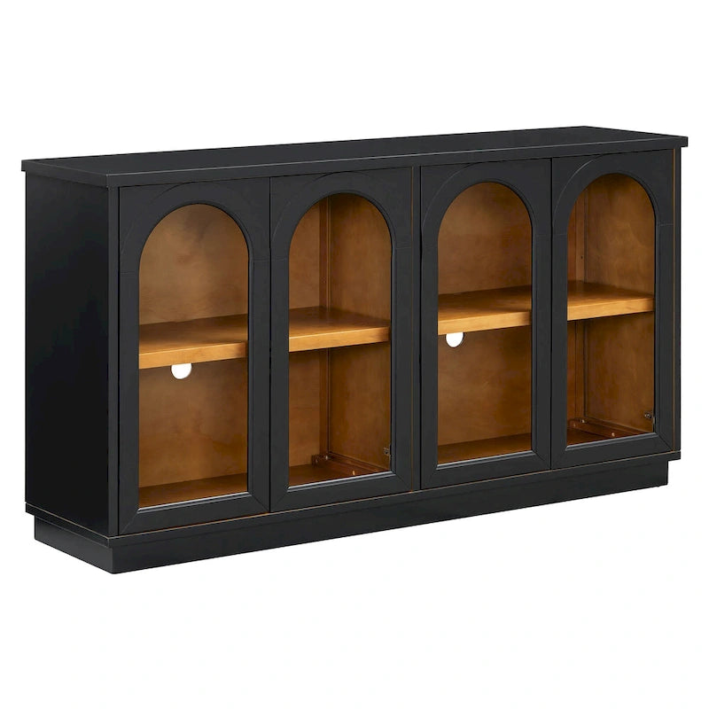 4-Door Large Storage Buffet Cabinet with Arched Glass Doors & Adjustable Shelves