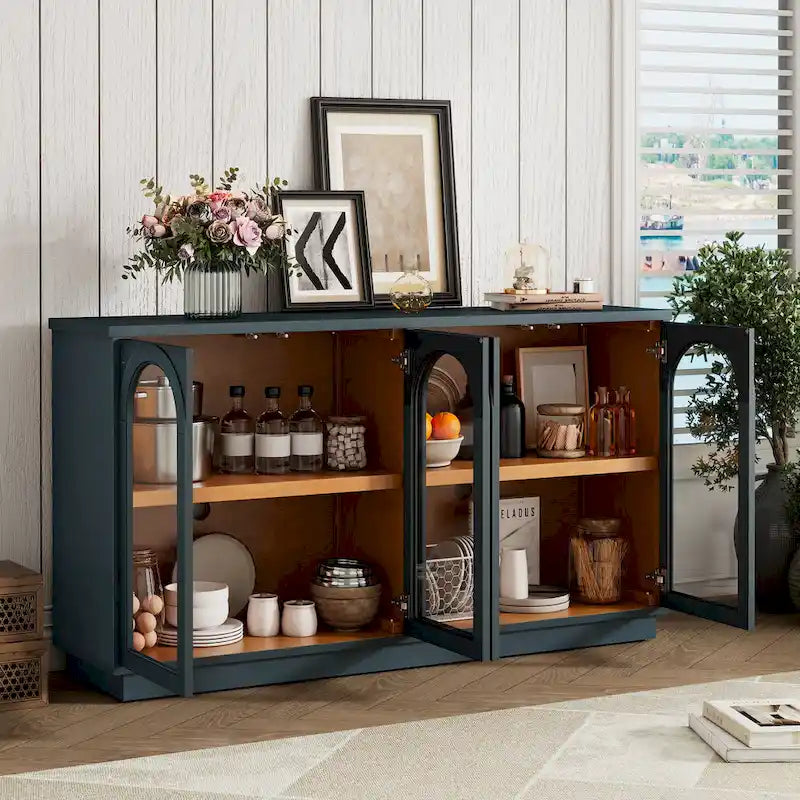 4-Door Large Storage Buffet Cabinet with Arched Glass Doors & Adjustable Shelves