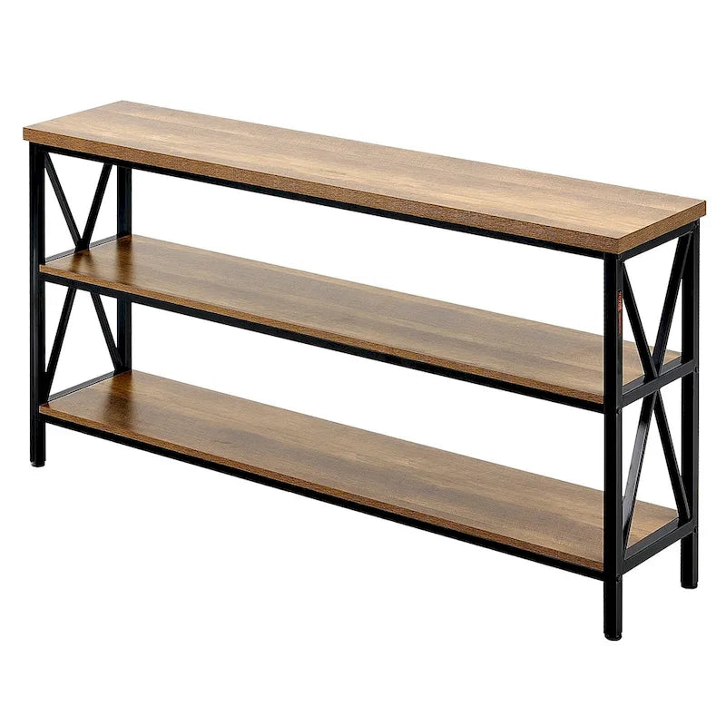 55 Inch 3-Tier Industrial Console Table with X-Frame Metal Base and MDF Shelves in Brown and Black