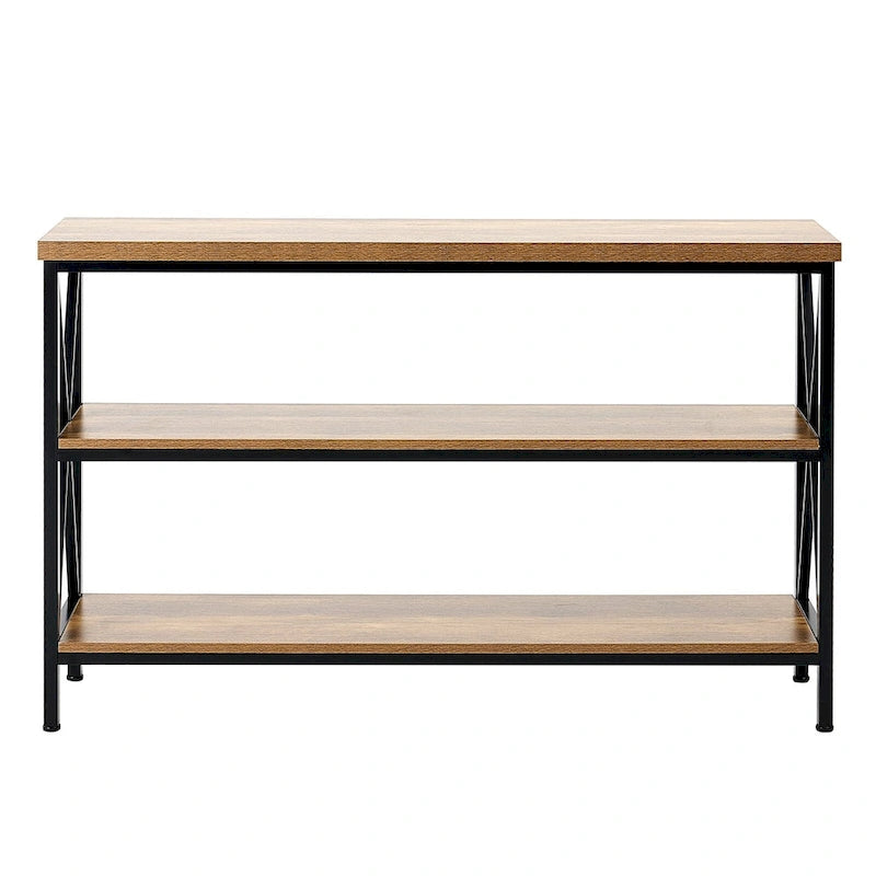 55 Inch 3-Tier Industrial Console Table with X-Frame Metal Base and MDF Shelves in Brown and Black