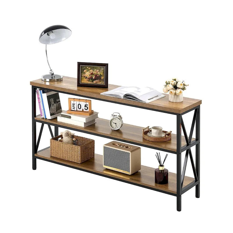 55 Inch 3-Tier Industrial Console Table with X-Frame Metal Base and MDF Shelves in Brown and Black