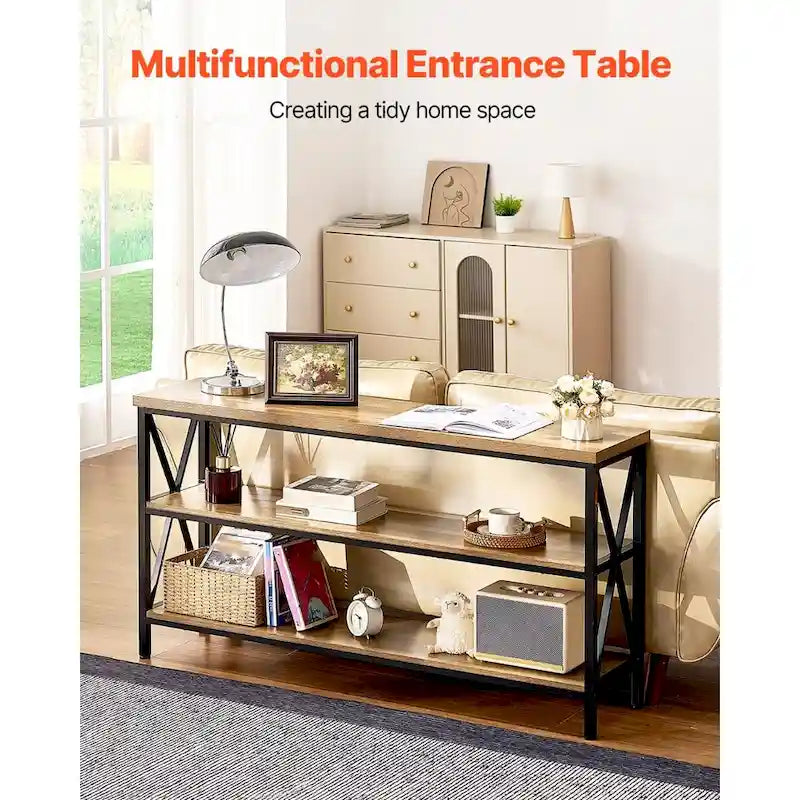 55 Inch 3-Tier Industrial Console Table with X-Frame Metal Base and MDF Shelves in Brown and Black