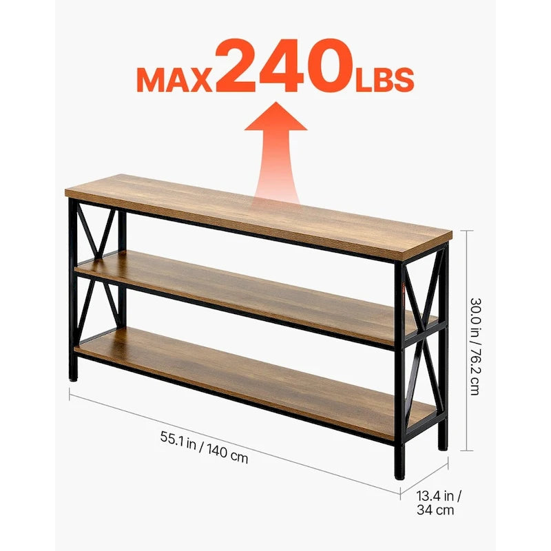 55 Inch 3-Tier Industrial Console Table with X-Frame Metal Base and MDF Shelves in Brown and Black