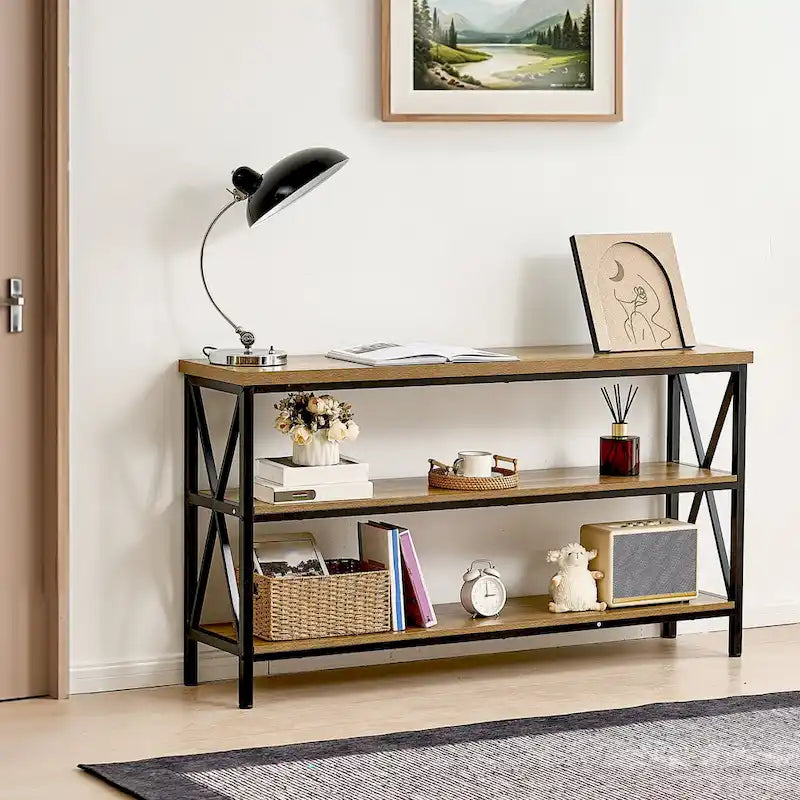 55 Inch 3-Tier Industrial Console Table with X-Frame Metal Base and MDF Shelves in Brown and Black