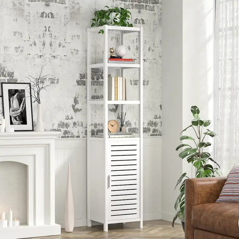 Tall Narrow Bamboo Bathroom Storage Cabinet with Shutter Door and Open Shelves White