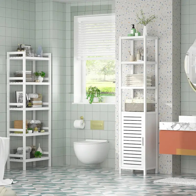 Tall Narrow Bamboo Bathroom Storage Cabinet with Shutter Door and Open Shelves White