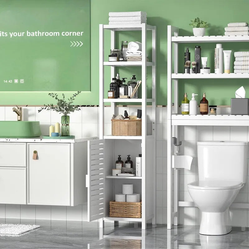Tall Narrow Bamboo Bathroom Storage Cabinet with Shutter Door and Open Shelves White
