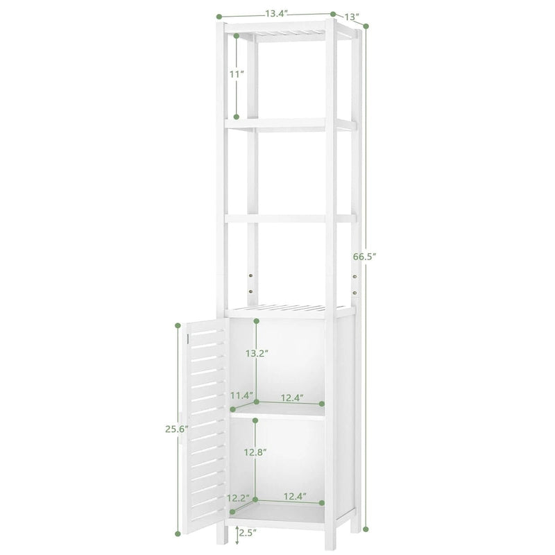 Tall Narrow Bamboo Bathroom Storage Cabinet with Shutter Door and Open Shelves White