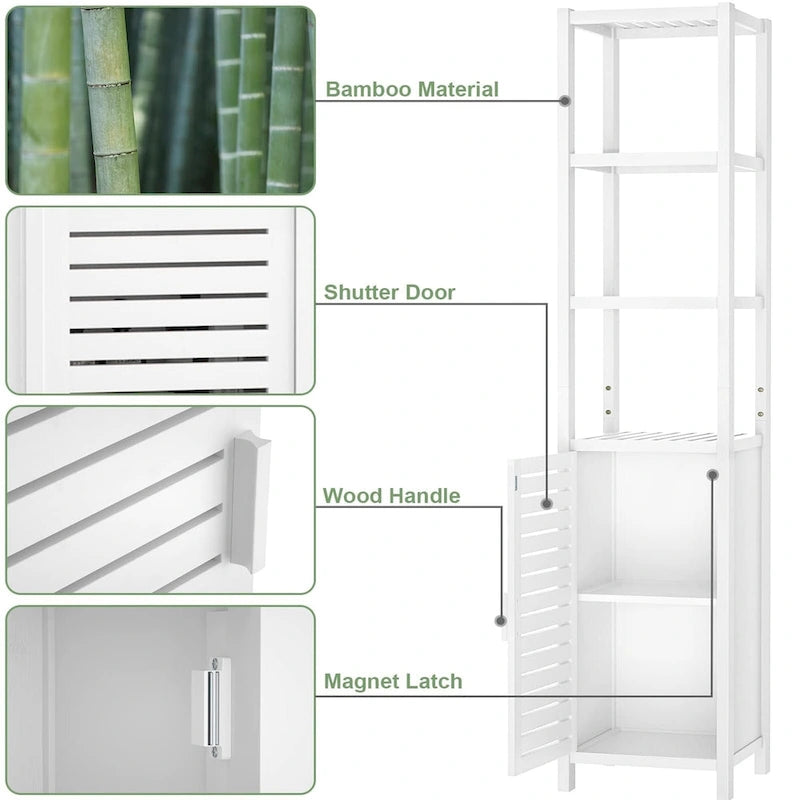 Tall Narrow Bamboo Bathroom Storage Cabinet with Shutter Door and Open Shelves White
