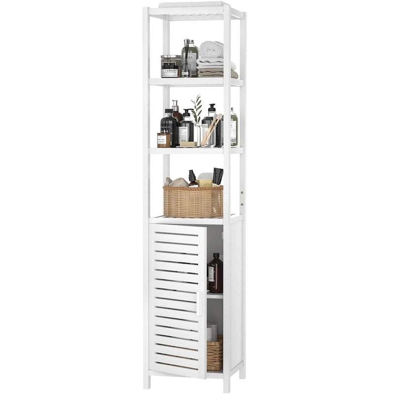 Tall Narrow Bamboo Bathroom Storage Cabinet with Shutter Door and Open Shelves White