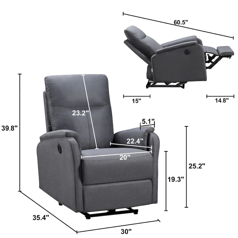 Power Recliner Chair with USB Charging Port for Living Room and Bedroom in Dark Gray