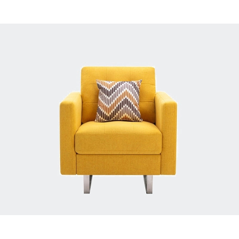 Linen Fabric Accent Armchair with Side Pockets Pocket Coil Springs Silver Metal Legs and Throw Pillow