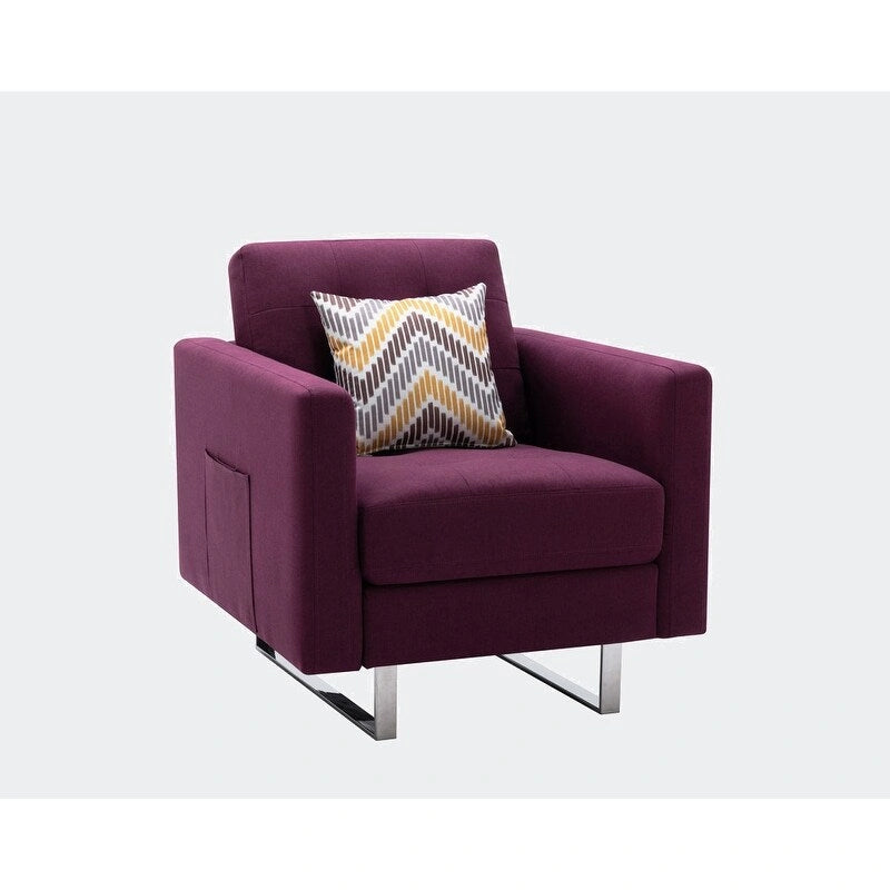 Linen Fabric Accent Armchair with Side Pockets Pocket Coil Springs Silver Metal Legs and Throw Pillow