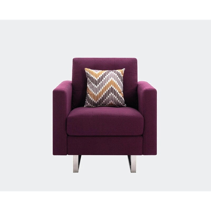 Linen Fabric Accent Armchair with Side Pockets Pocket Coil Springs Silver Metal Legs and Throw Pillow