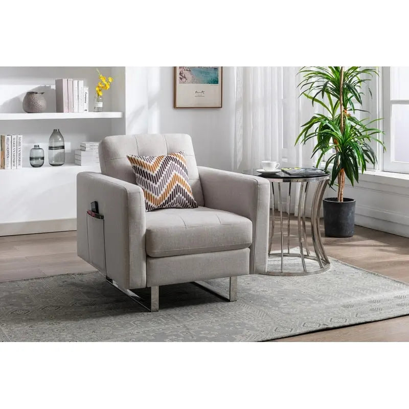 Linen Fabric Accent Armchair with Side Pockets Pocket Coil Springs Silver Metal Legs and Throw Pillow