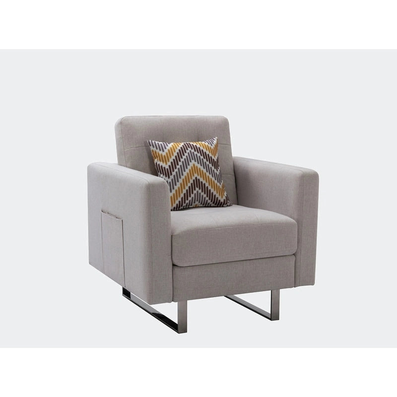 Linen Fabric Accent Armchair with Side Pockets Pocket Coil Springs Silver Metal Legs and Throw Pillow