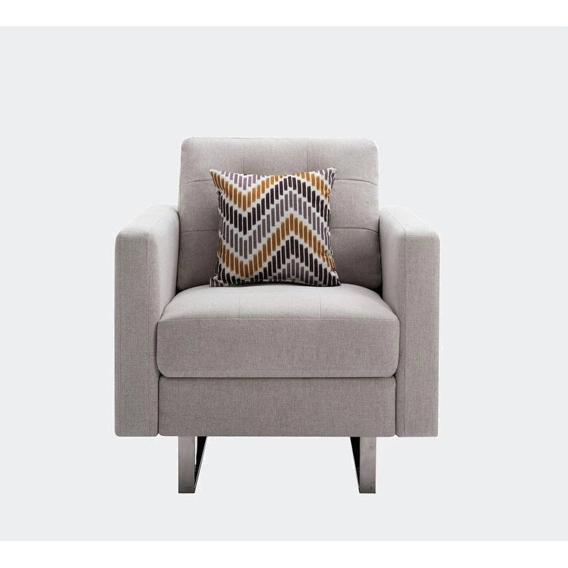 Linen Fabric Accent Armchair with Side Pockets Pocket Coil Springs Silver Metal Legs and Throw Pillow