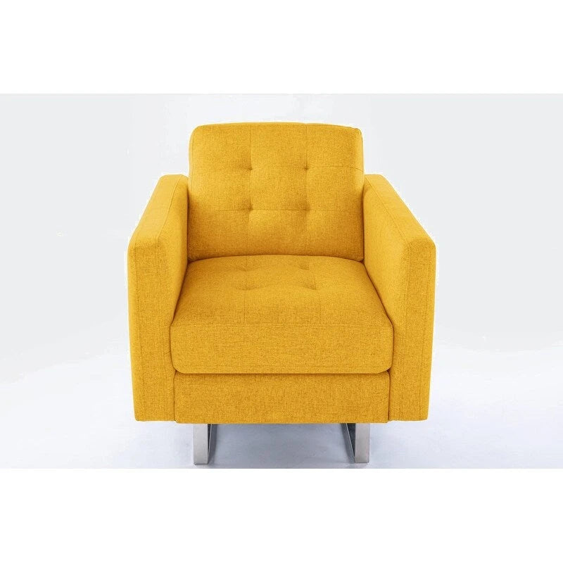 Linen Fabric Accent Armchair with Side Pockets Pocket Coil Springs Silver Metal Legs and Throw Pillow