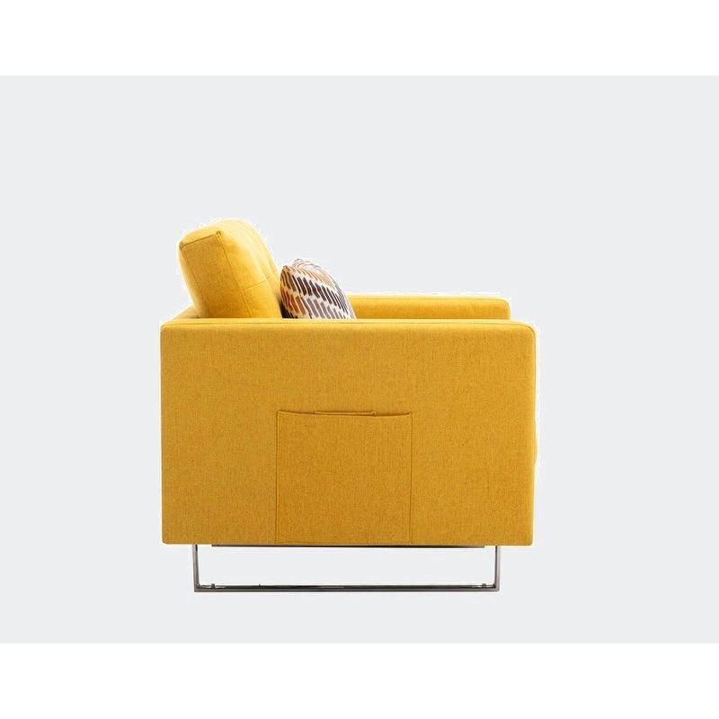 Linen Fabric Accent Armchair with Side Pockets Pocket Coil Springs Silver Metal Legs and Throw Pillow