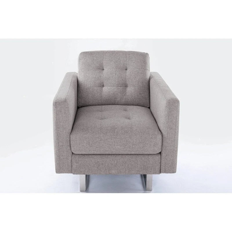 Linen Fabric Accent Armchair with Side Pockets Pocket Coil Springs Silver Metal Legs and Throw Pillow