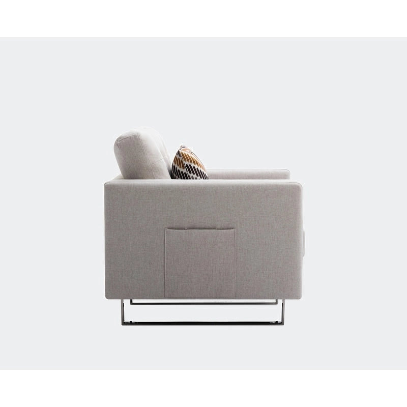 Linen Fabric Accent Armchair with Side Pockets Pocket Coil Springs Silver Metal Legs and Throw Pillow