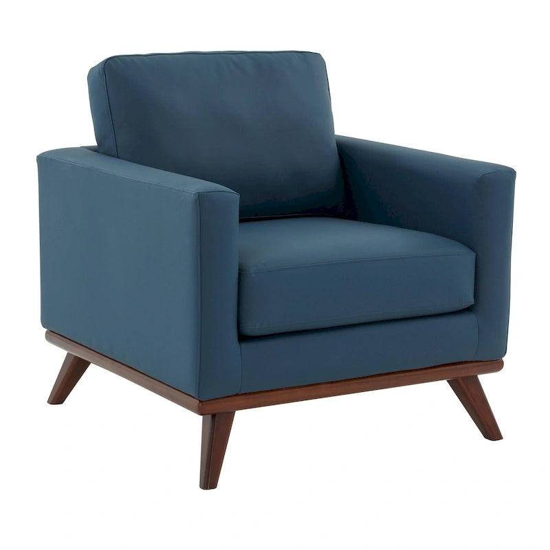 Mid-Century Modern Leather Accent Arm Chair with Birch Wood Legs and Removable Cushions