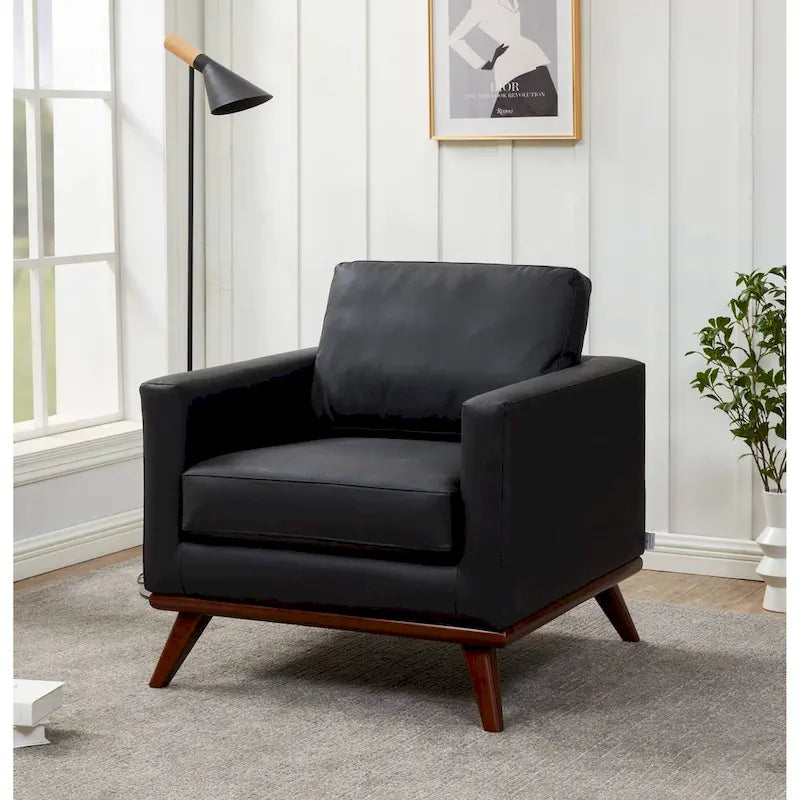 Mid-Century Modern Leather Accent Arm Chair with Birch Wood Legs and Removable Cushions