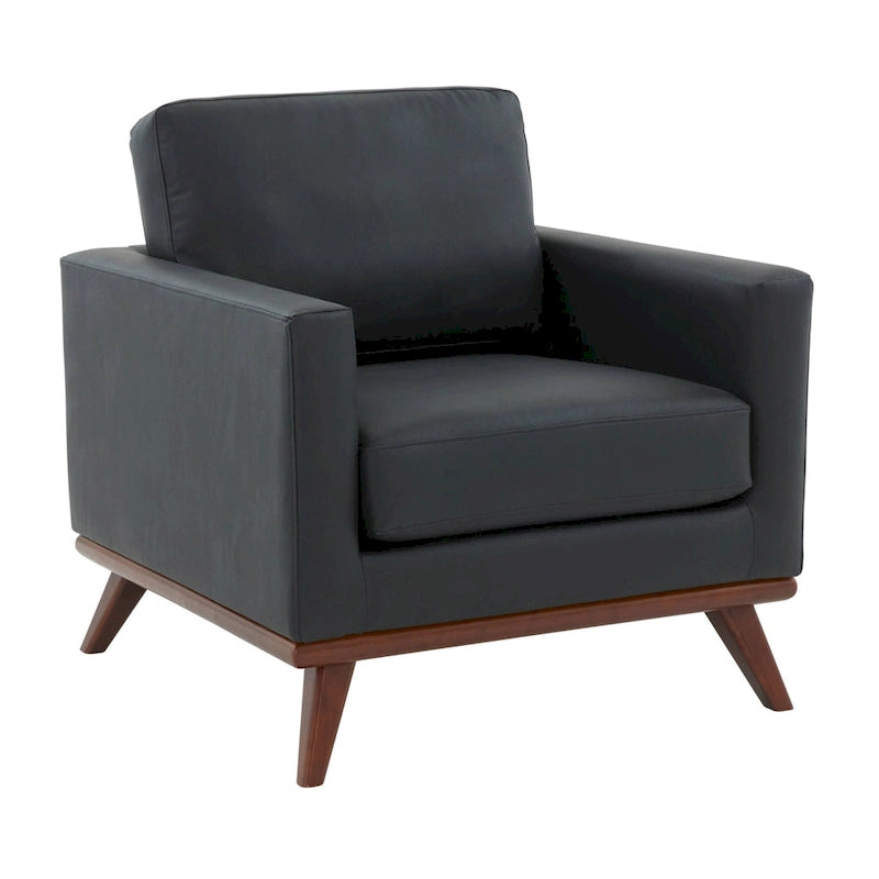 Mid-Century Modern Leather Accent Arm Chair with Birch Wood Legs and Removable Cushions