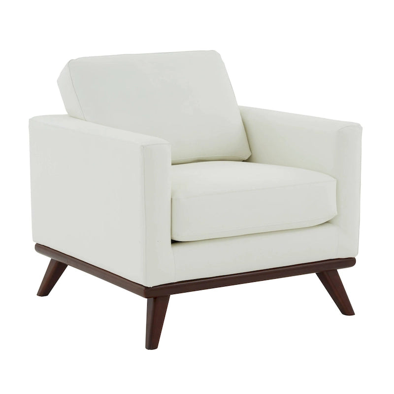 Mid-Century Modern Leather Accent Arm Chair with Birch Wood Legs and Removable Cushions