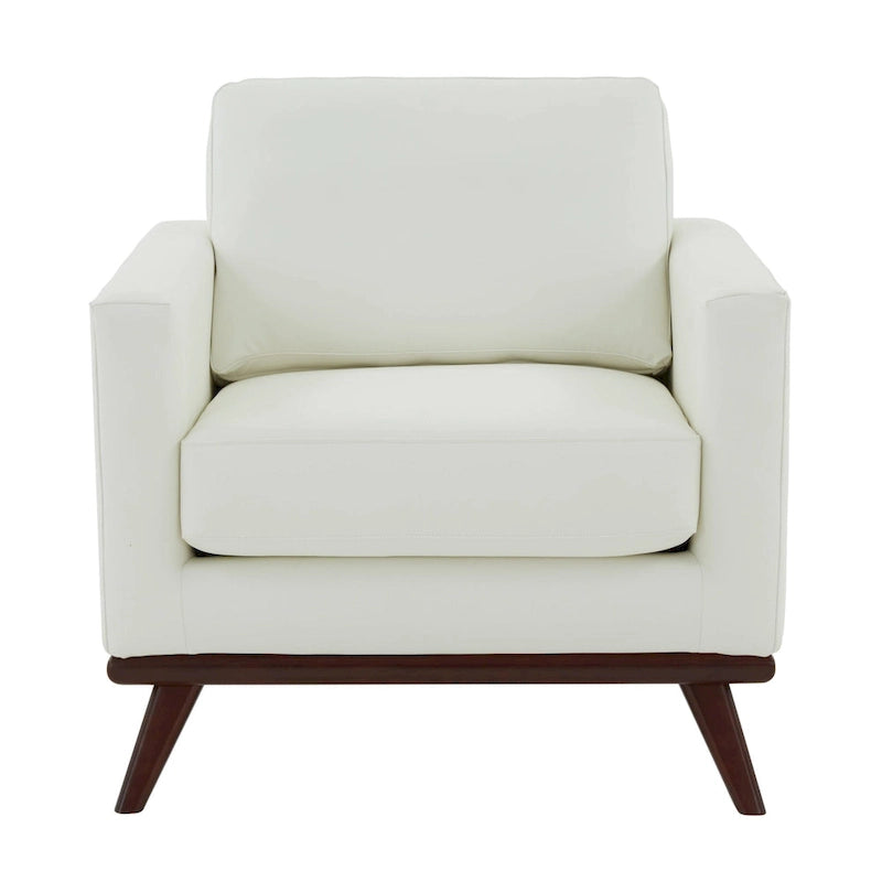 Mid-Century Modern Leather Accent Arm Chair with Birch Wood Legs and Removable Cushions