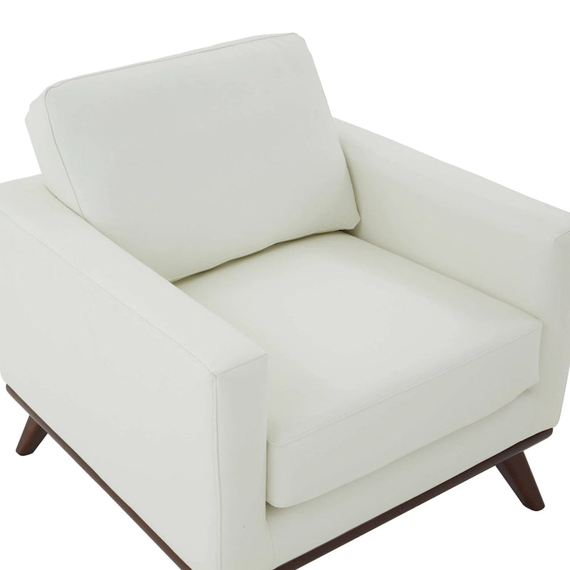 Mid-Century Modern Leather Accent Arm Chair with Birch Wood Legs and Removable Cushions