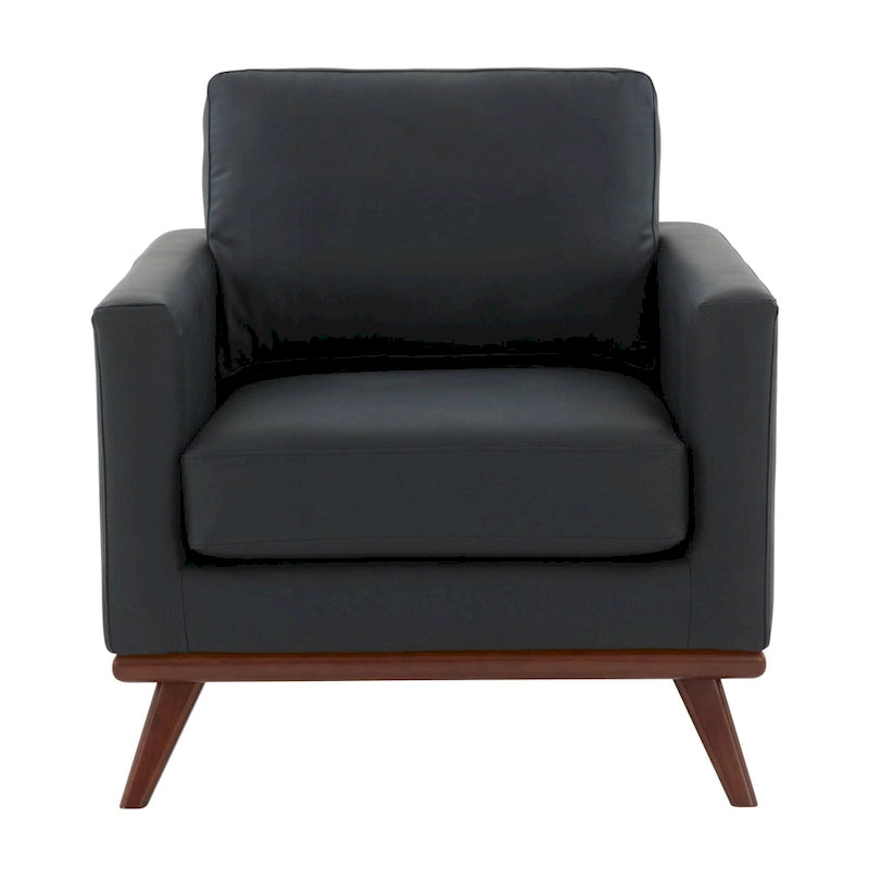 Mid-Century Modern Leather Accent Arm Chair with Birch Wood Legs and Removable Cushions