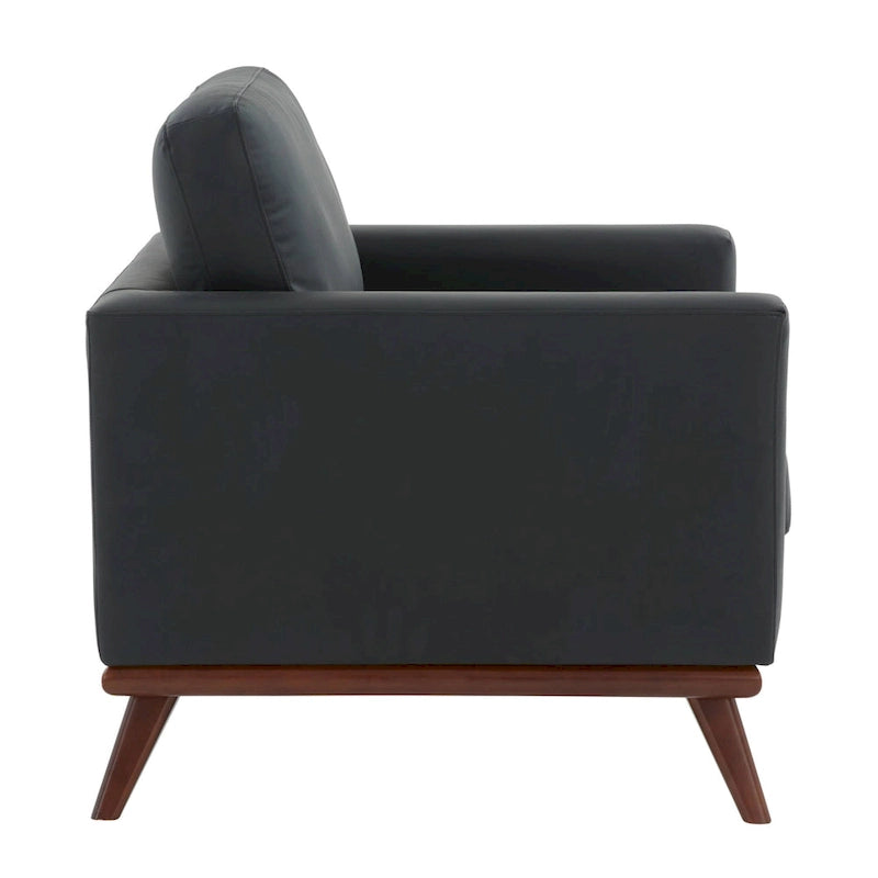 Mid-Century Modern Leather Accent Arm Chair with Birch Wood Legs and Removable Cushions
