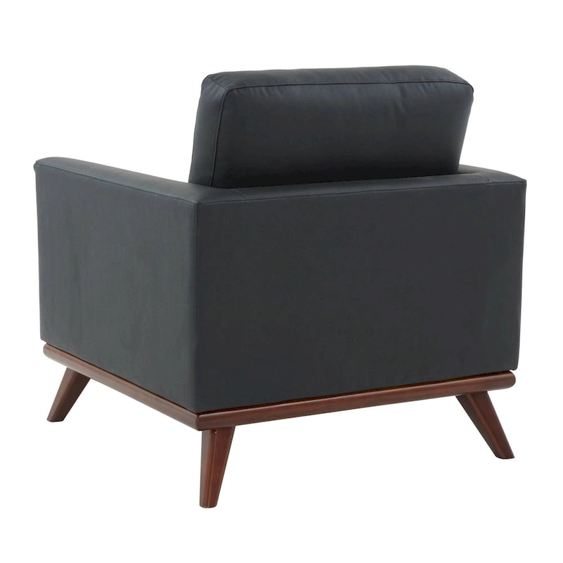 Mid-Century Modern Leather Accent Arm Chair with Birch Wood Legs and Removable Cushions