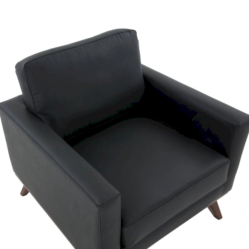 Mid-Century Modern Leather Accent Arm Chair with Birch Wood Legs and Removable Cushions
