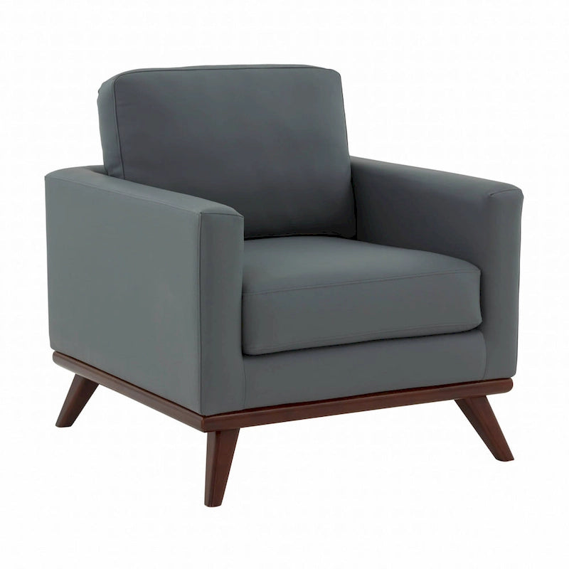 Mid-Century Modern Leather Accent Arm Chair with Birch Wood Legs and Removable Cushions