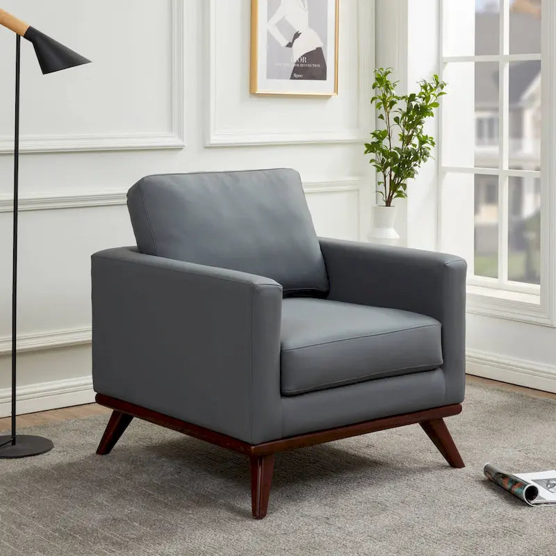 Mid-Century Modern Leather Accent Arm Chair with Birch Wood Legs and Removable Cushions