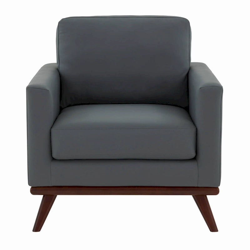 Mid-Century Modern Leather Accent Arm Chair with Birch Wood Legs and Removable Cushions