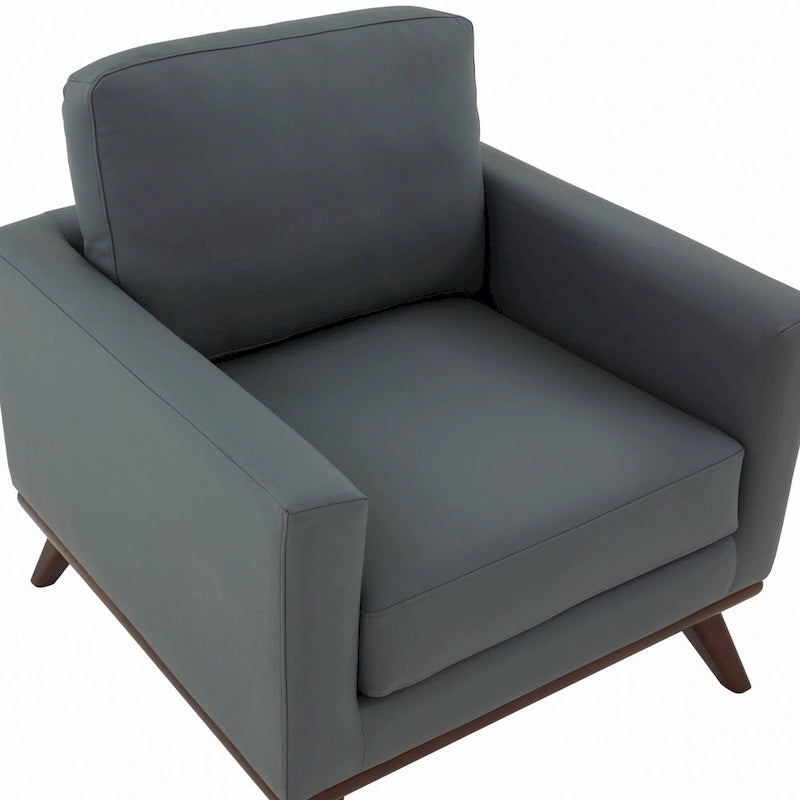 Mid-Century Modern Leather Accent Arm Chair with Birch Wood Legs and Removable Cushions