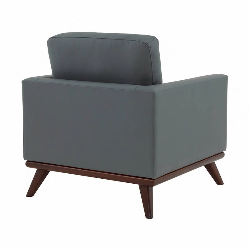 Mid-Century Modern Leather Accent Arm Chair with Birch Wood Legs and Removable Cushions