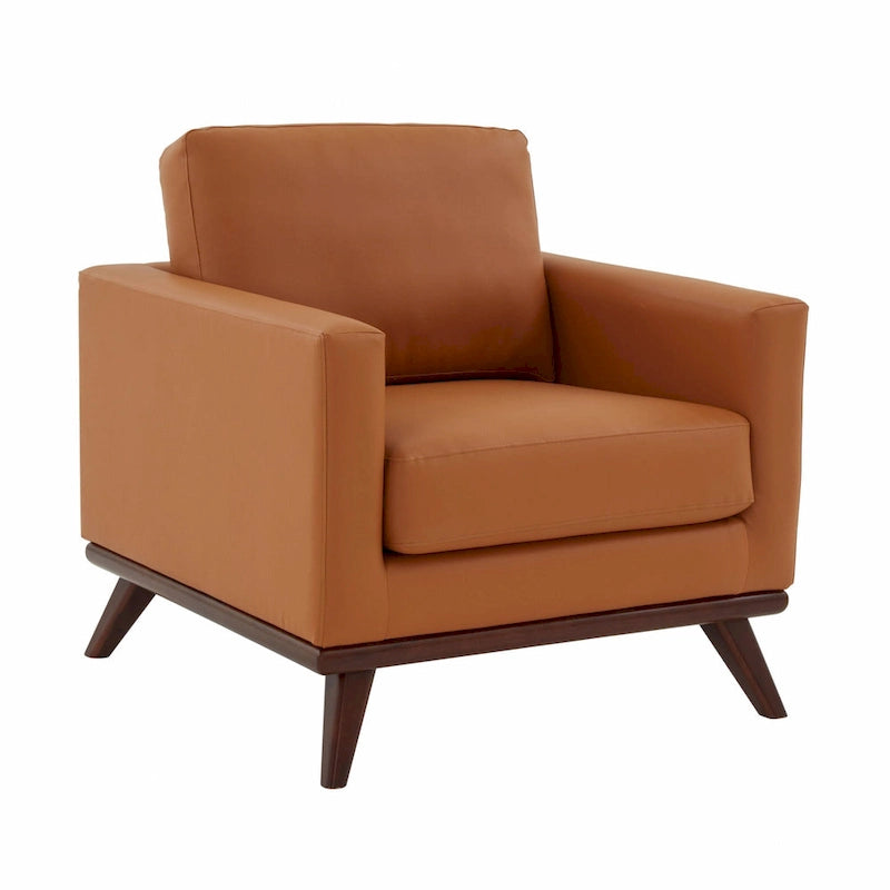 Mid-Century Modern Leather Accent Arm Chair with Birch Wood Legs and Removable Cushions
