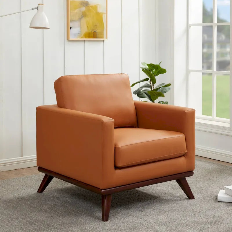 Mid-Century Modern Leather Accent Arm Chair with Birch Wood Legs and Removable Cushions