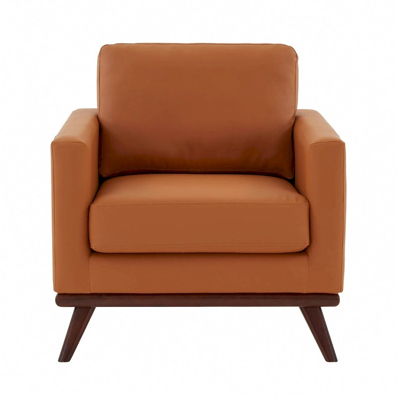 Mid-Century Modern Leather Accent Arm Chair with Birch Wood Legs and Removable Cushions
