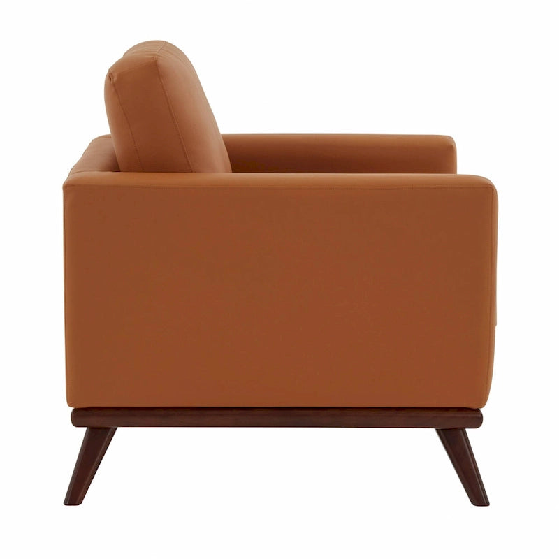 Mid-Century Modern Leather Accent Arm Chair with Birch Wood Legs and Removable Cushions