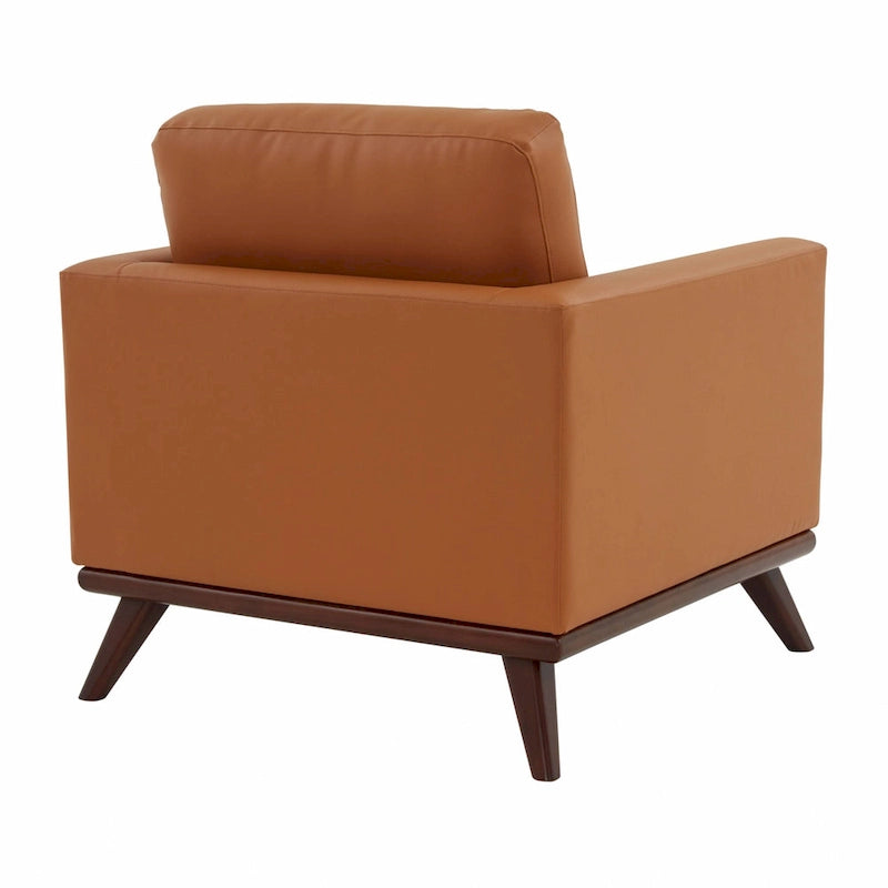 Mid-Century Modern Leather Accent Arm Chair with Birch Wood Legs and Removable Cushions
