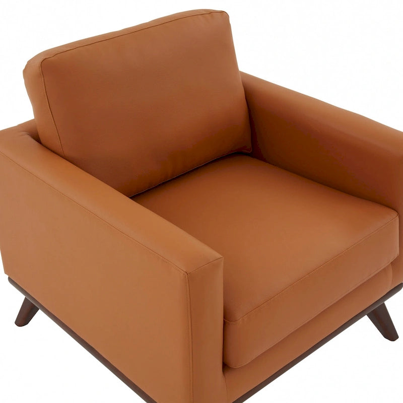 Mid-Century Modern Leather Accent Arm Chair with Birch Wood Legs and Removable Cushions