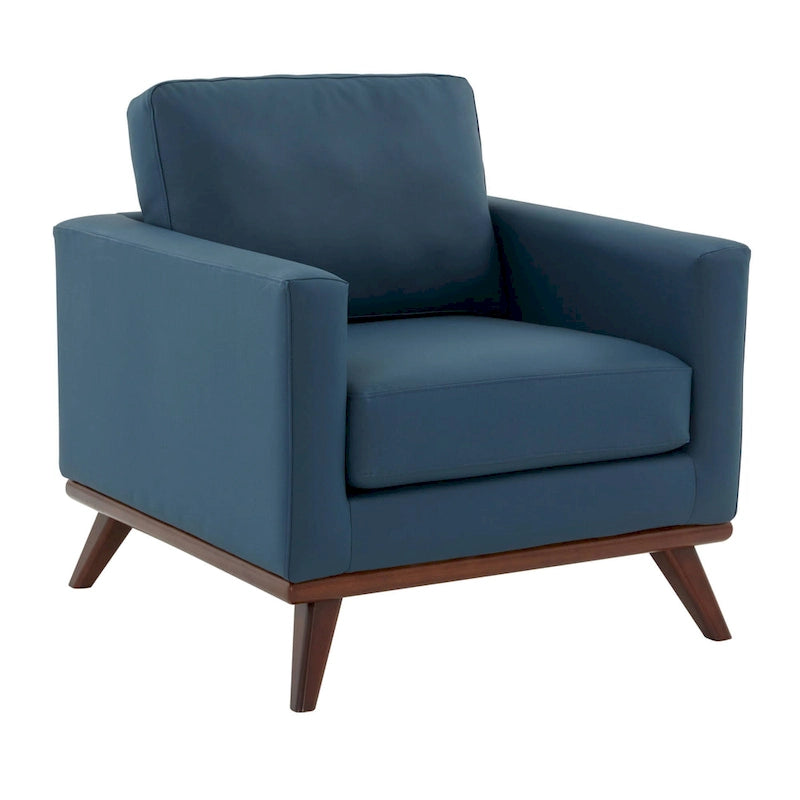 Mid-Century Modern Leather Accent Arm Chair with Birch Wood Legs and Removable Cushions